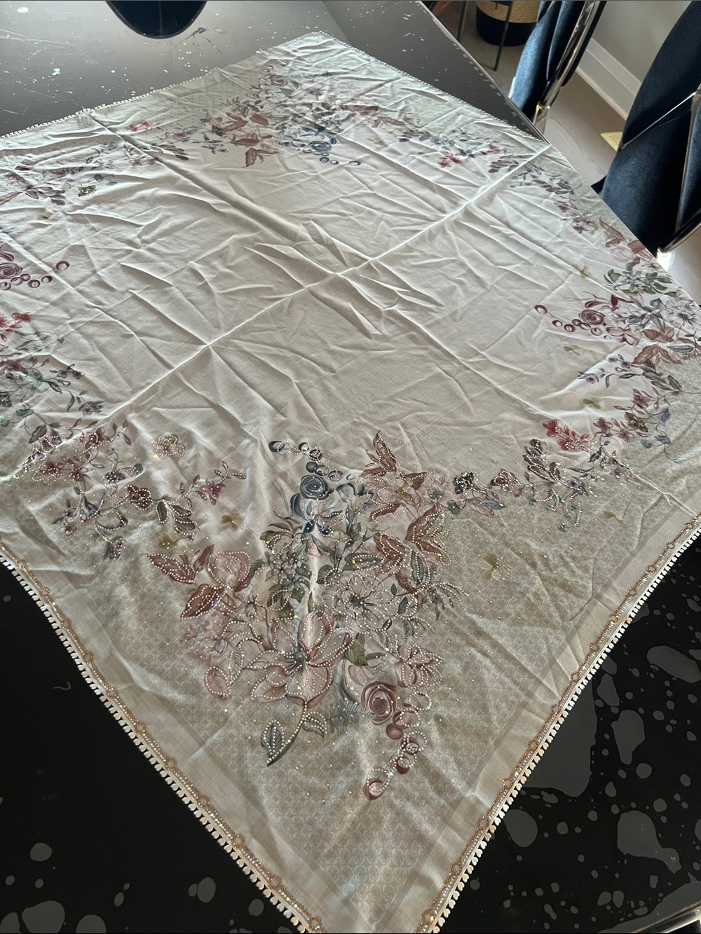 Floral Embroidered Square Scarf in Soft green and Pastels